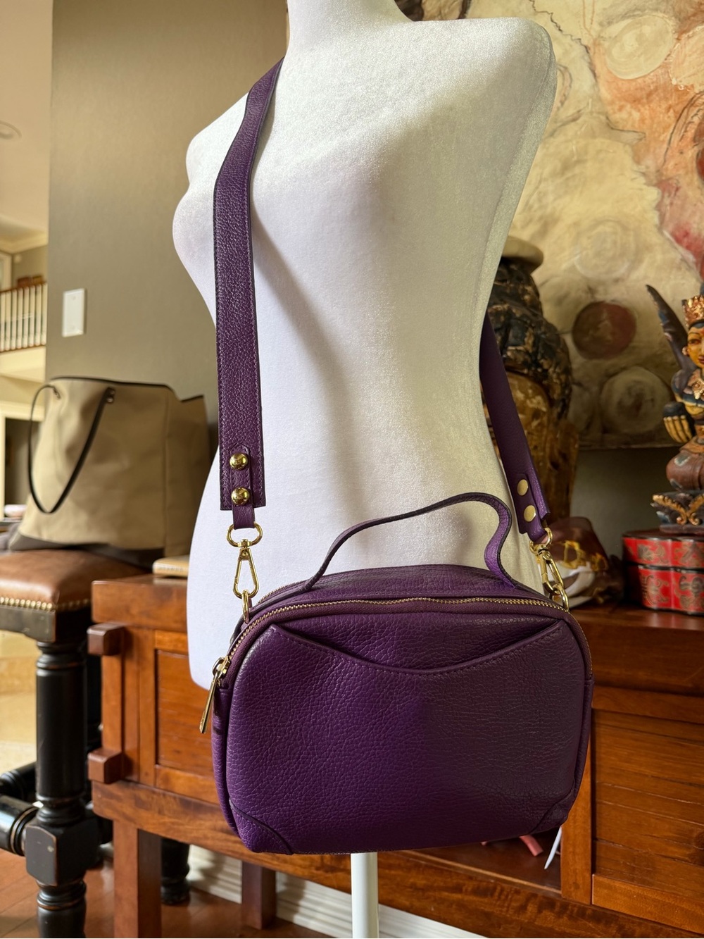 Valentina Fiore Purple Leather Crossbody Bag with Top Handle - Picture 2 of 9